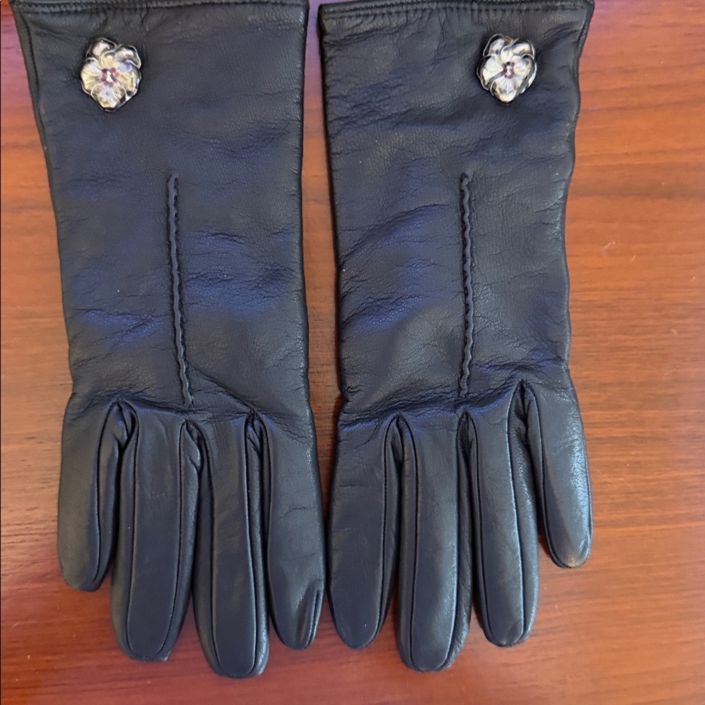 Elegant Black Leather Gloves with Silver Floral Accent
